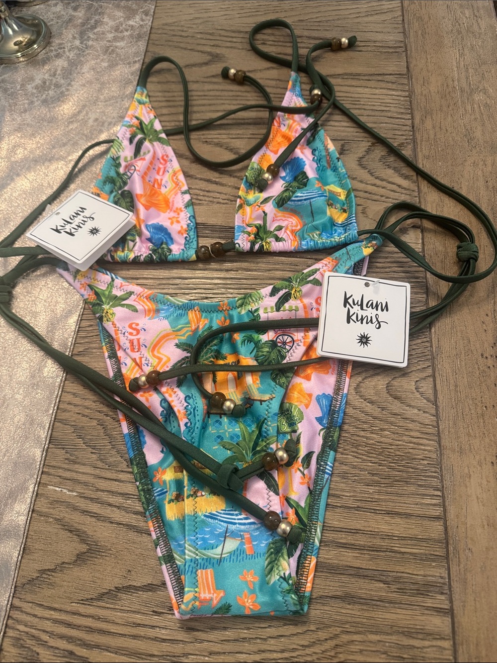 Kulani Kinis Sunlit Spritz Tropical String Bikini in Pink, Teal & Green